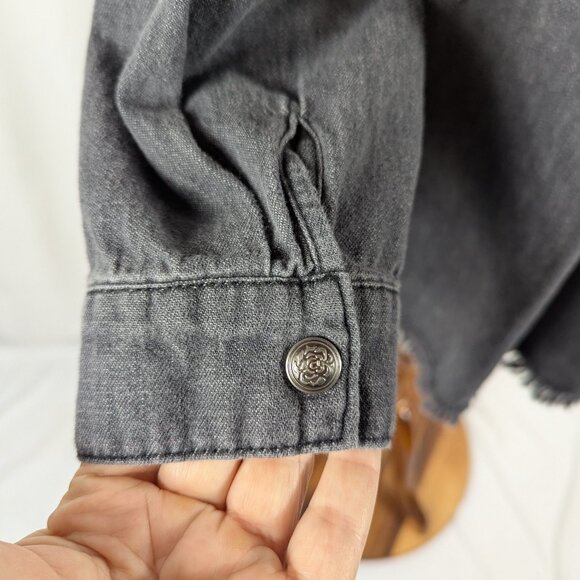 Ulla Popken Black Denim Flannel Snap Front Collared Shirt Raw Hem Plus Sz 16/18 - Picture 7 of 12